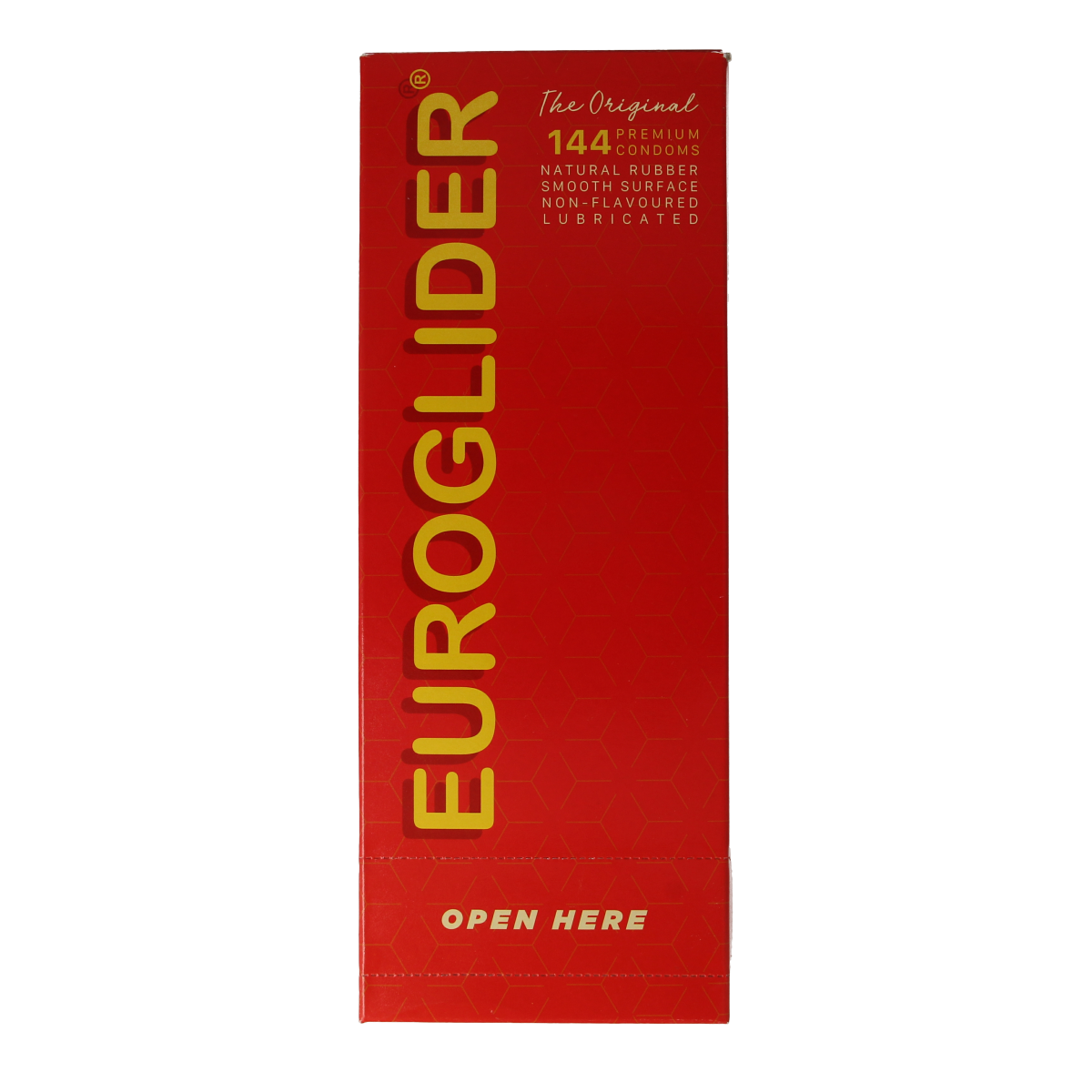 Euroglider condoms pack with 144 pieces, featuring colorful packaging and individual foil wrappers.