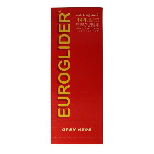 Euroglider condoms pack with 144 pieces, featuring colorful packaging and individual foil wrappers.