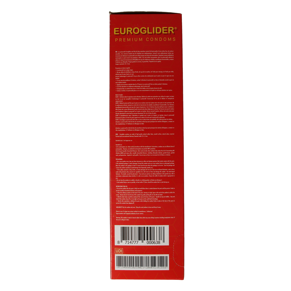 Euroglider condoms pack containing 144 pieces, featuring individually wrapped latex condoms for protection and safety.