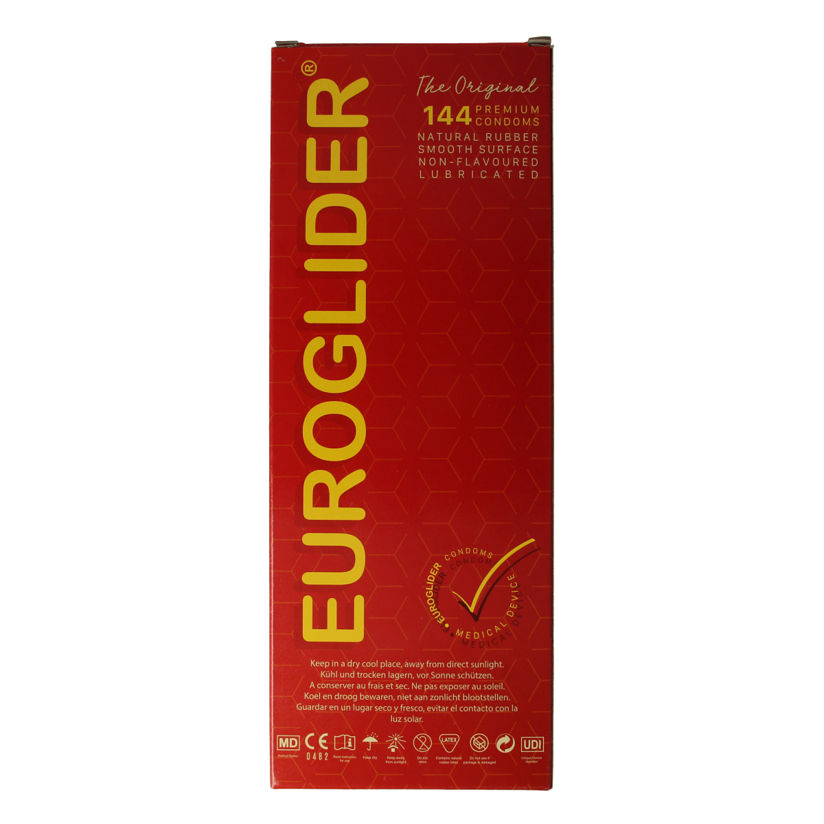 Euroglider condoms pack with 144 latex condoms, featuring smooth design and secure fit, displayed in a clear package.