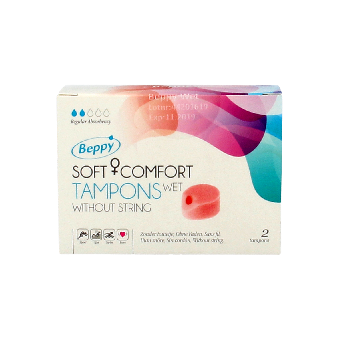 Beppy Soft+ comfort tampons wet, 2-pack, feminine hygiene product for women, showing the tampon packaging and branding.