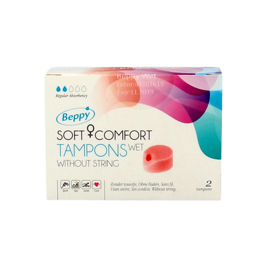 Beppy Soft+ comfort tampons wet, 2-pack, feminine hygiene product for women, showing the tampon packaging and branding.