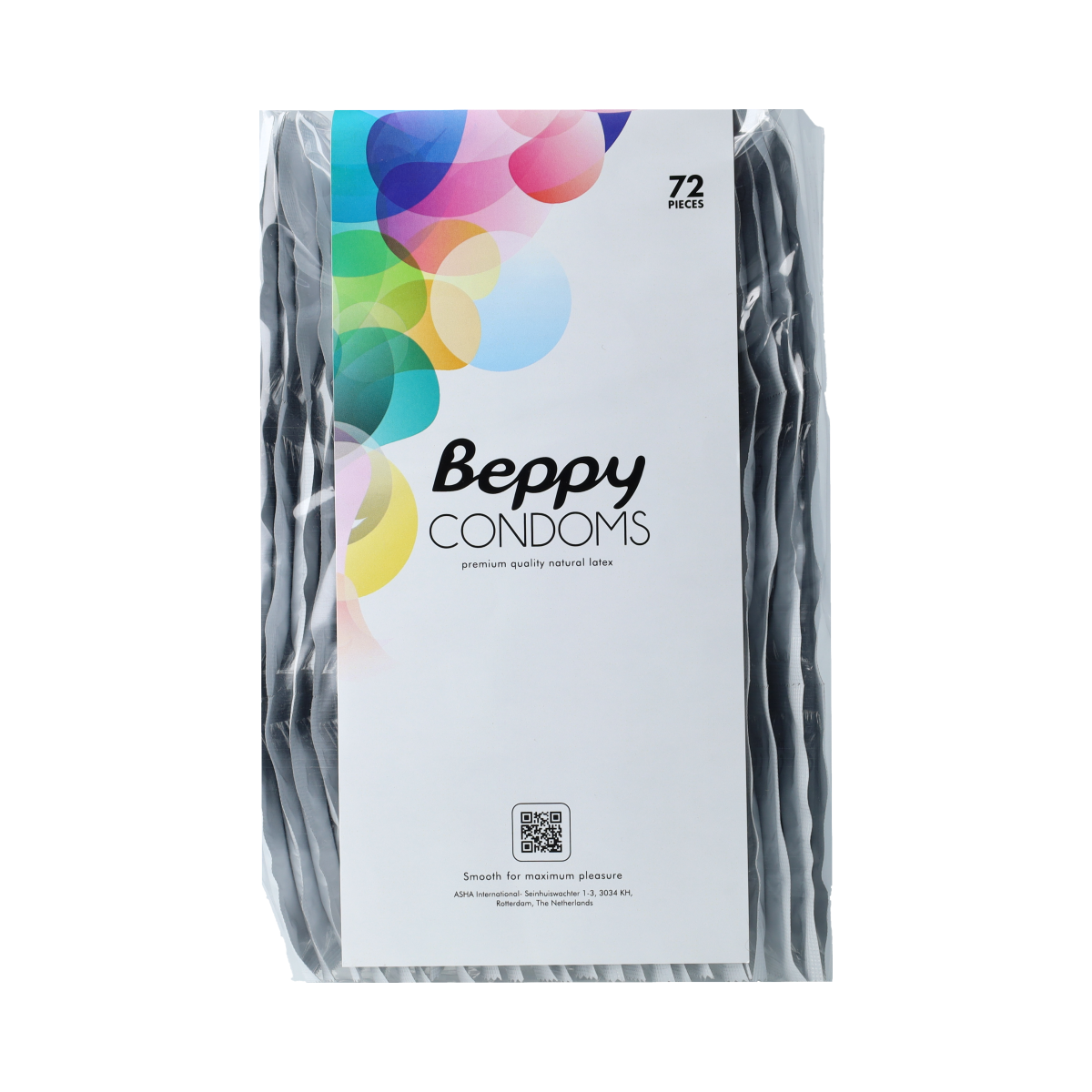 Box of Beppy condoms containing 72 pieces, featuring individually wrapped latex contraceptives in a white and blue package.