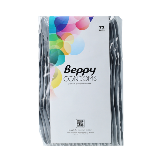 Box of Beppy condoms containing 72 pieces, featuring individually wrapped latex contraceptives in a white and blue package.