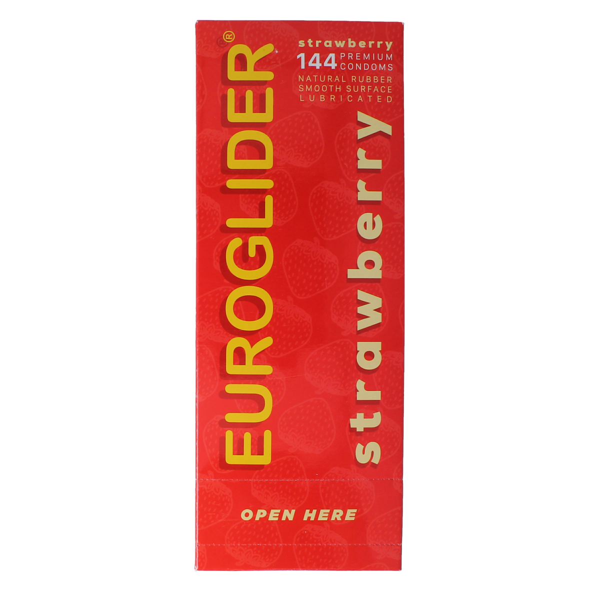 Asha condom pack with 144 strawberry-flavored condoms, showing the colorful packaging and individual condoms inside.