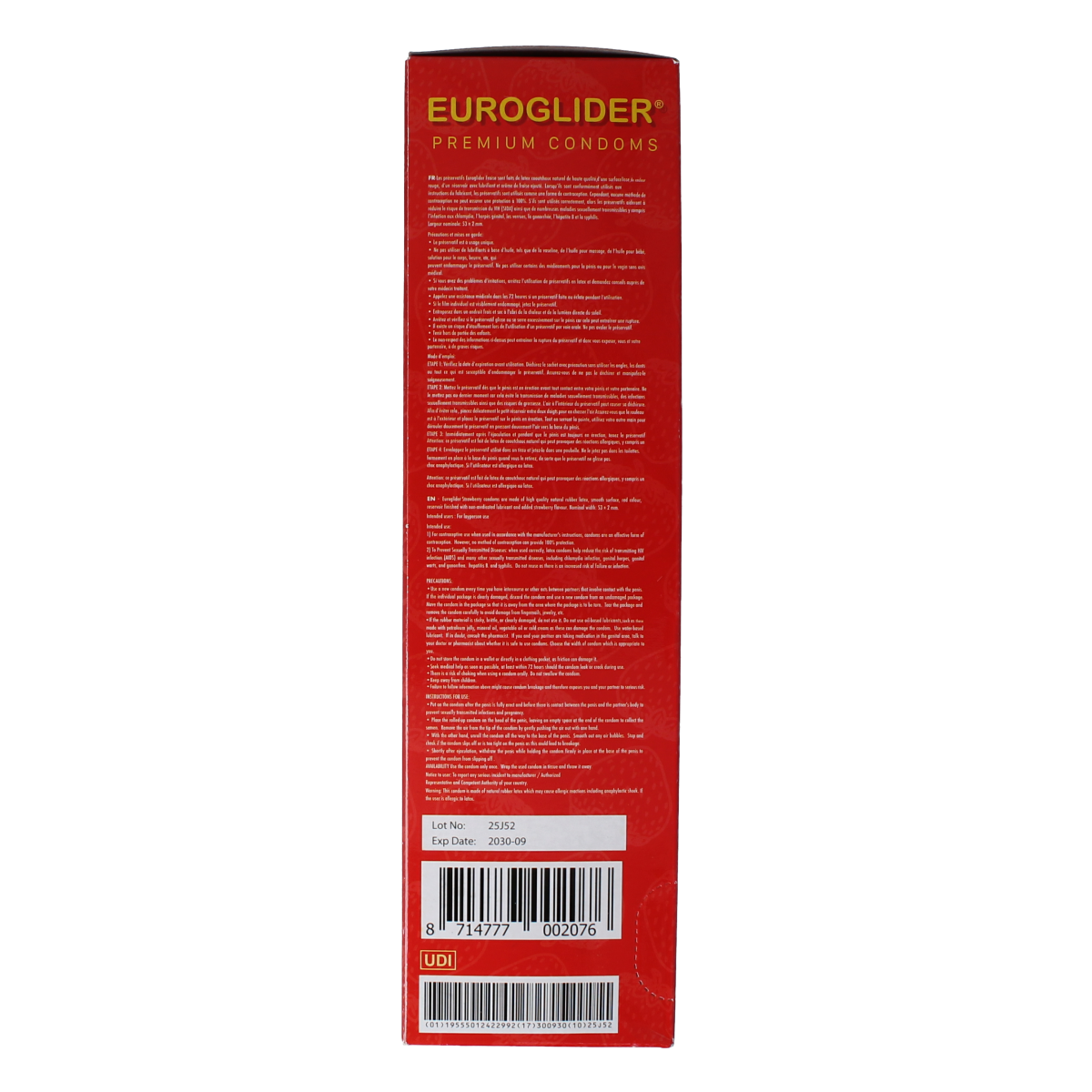 Asha Condooms aardbei flavor in 144-pack, featuring colorful strawberry-themed packaging and multiple condoms stacked inside.