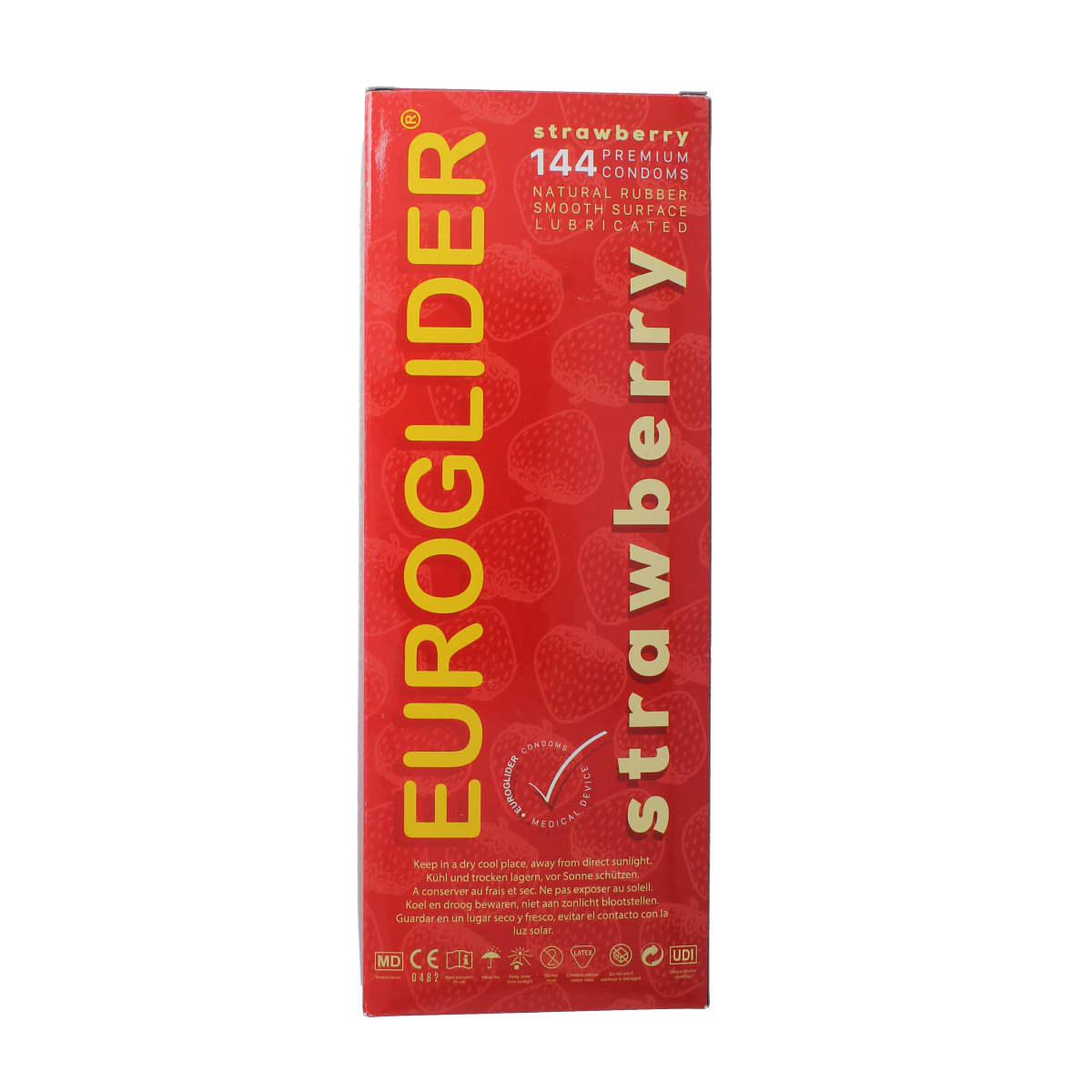 Asha brand strawberry-flavored condoms, 144-pack, showing unopened foil packages with the Asha logo and strawberry design.