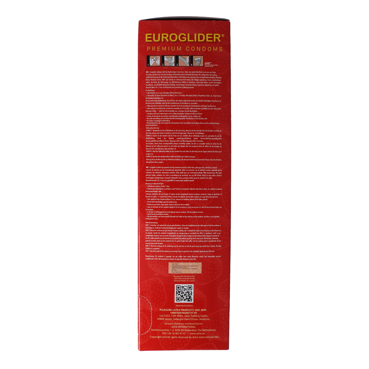Asha condoms with strawberry flavor, 144-pack, showing colorful condom packaging and branding on the box.