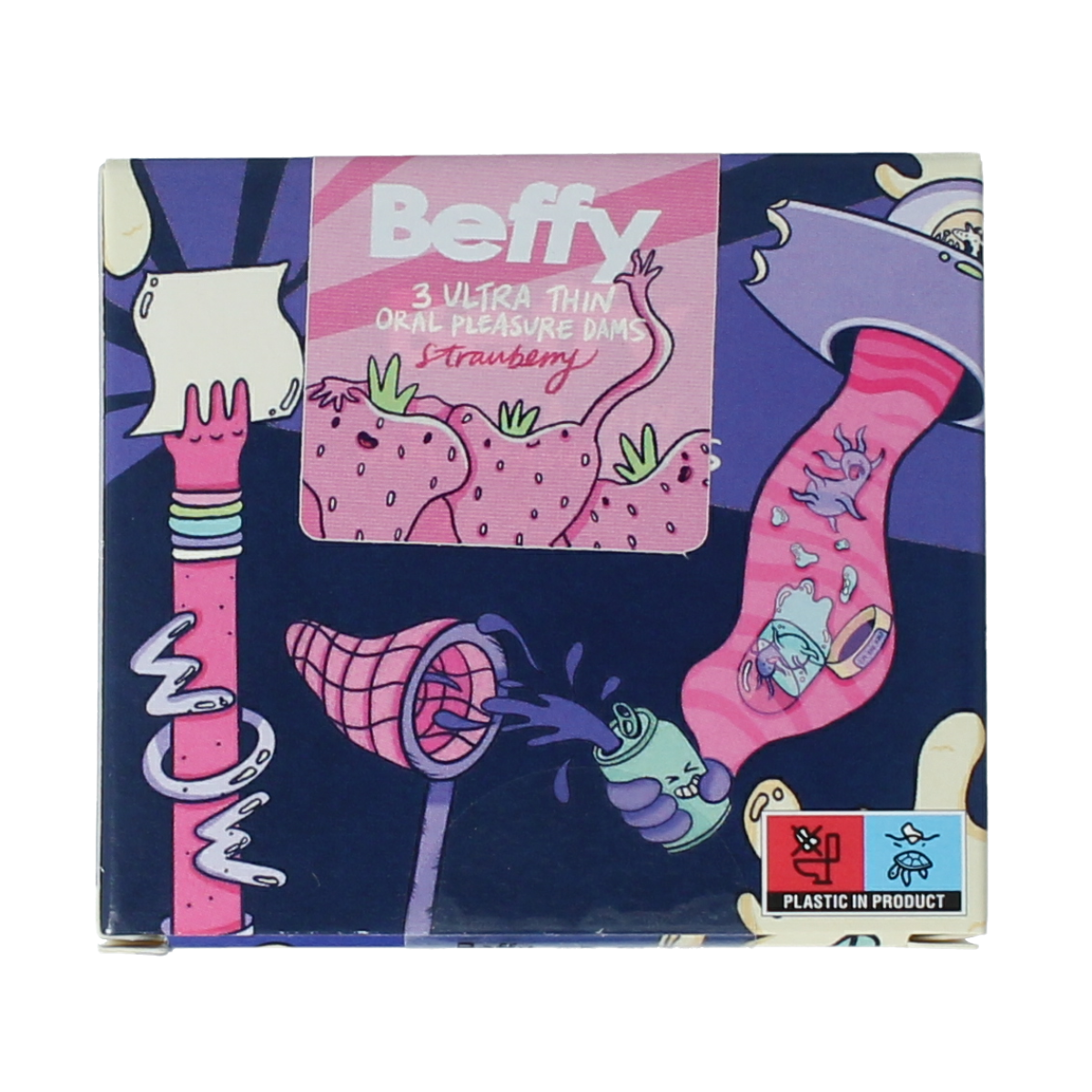 Beffy Beflapjes aroma aardbei packaging with three strawberry-scented erotic aroma beads in a clear plastic container.