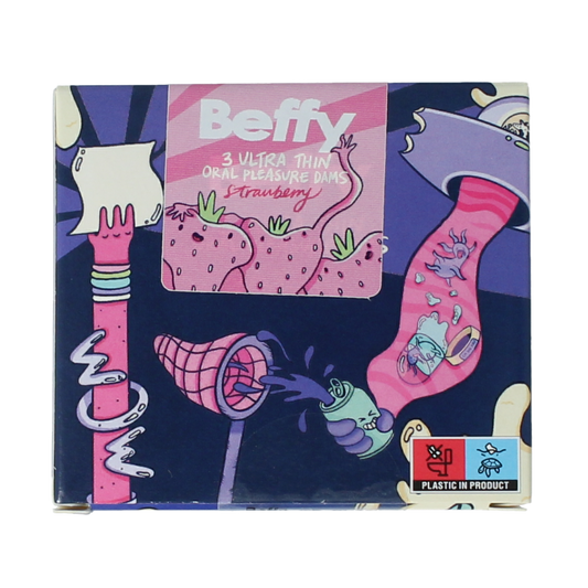 Beffy Beflapjes aroma aardbei packaging with three strawberry-scented erotic aroma beads in a clear plastic container.