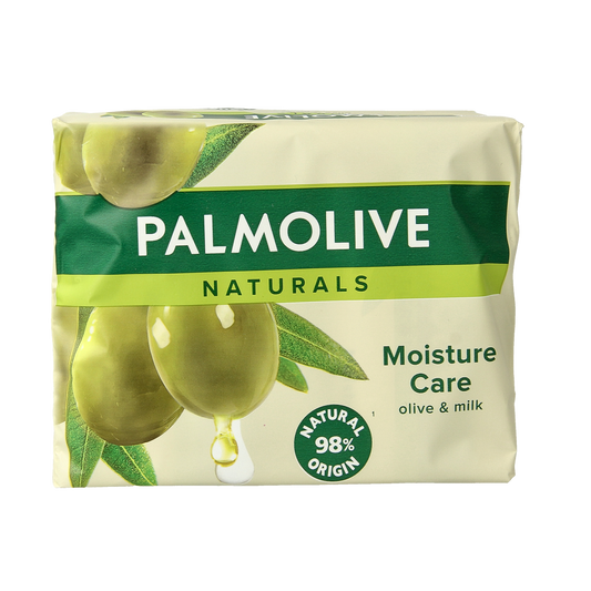 Four bars of Palmolive Zeep original olive soap, 90 grams each, with olive oil scent and packaging details visible.