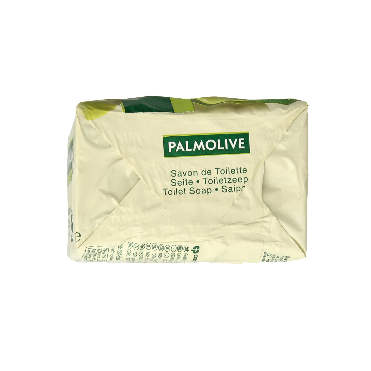 Bar of Palmolive Original Olive soap, 90 grams, shown with four soap bars in a natural setting.
