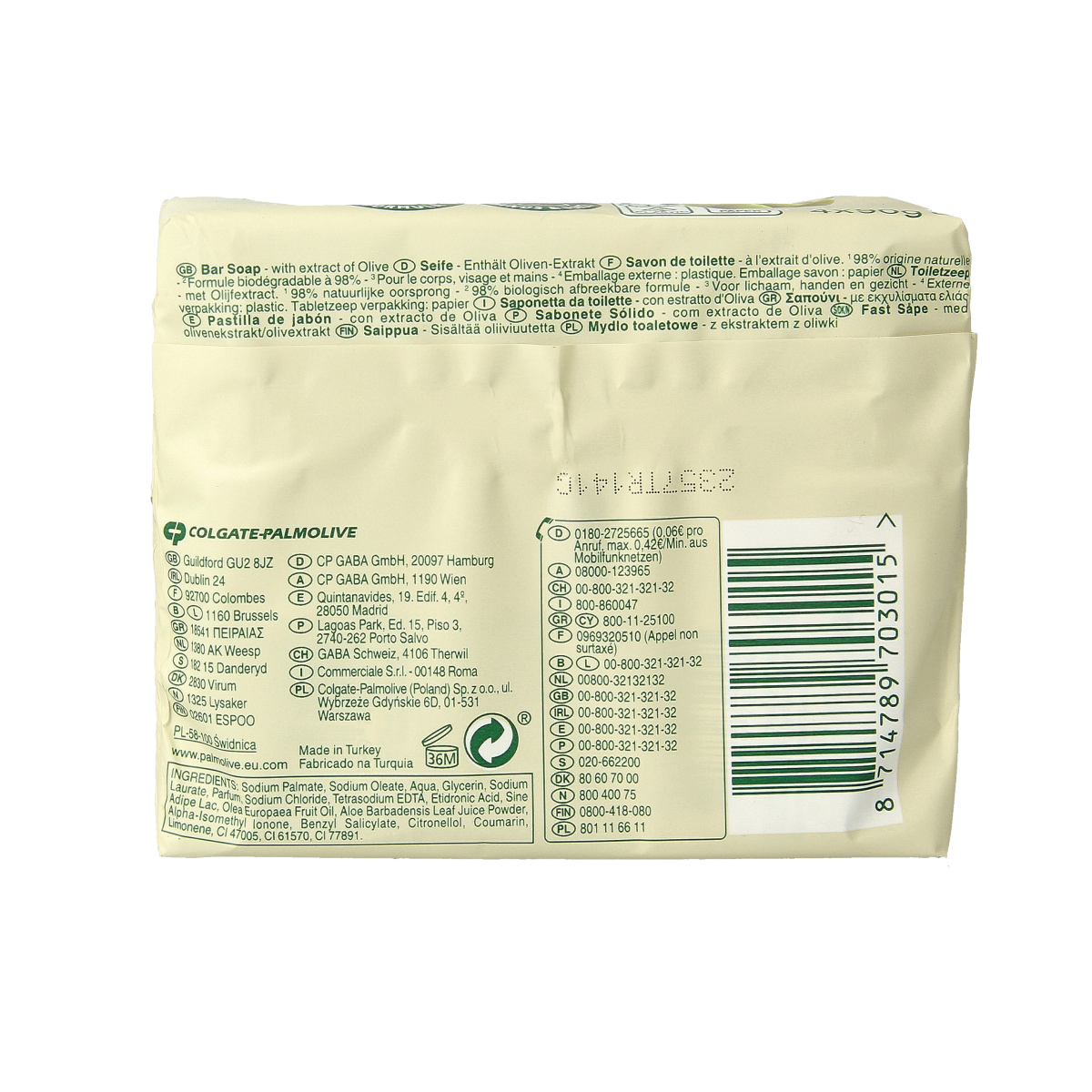 Bar of Palmolive Original Olive soap, 90g, showing four individually wrapped soap bars on a white background.