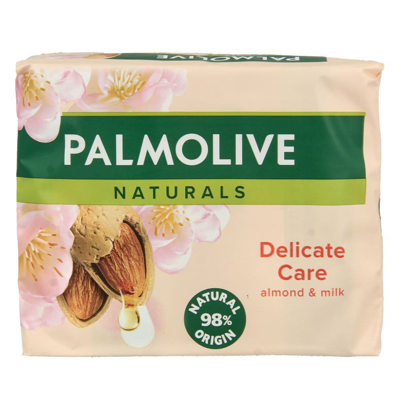 Four bars of Palmolive Sensitive Almond soap, 90 grams each, with smooth almond fragrance and moisturizing properties.