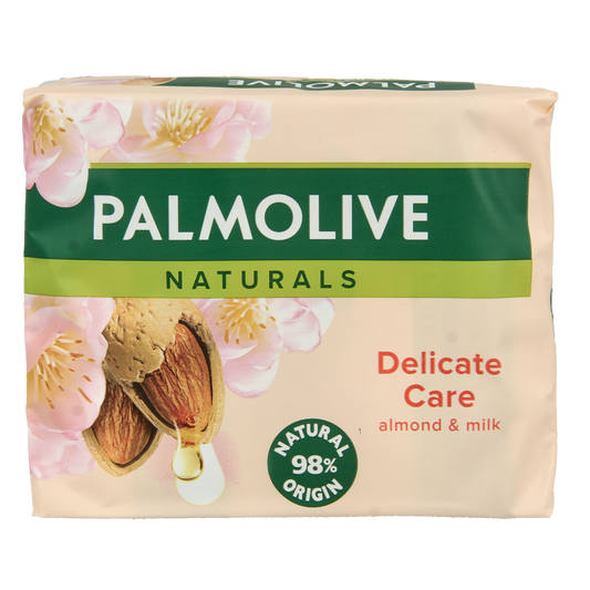 Four bars of Palmolive Sensitive Almond soap, 90 grams each, with smooth almond fragrance and moisturizing properties.