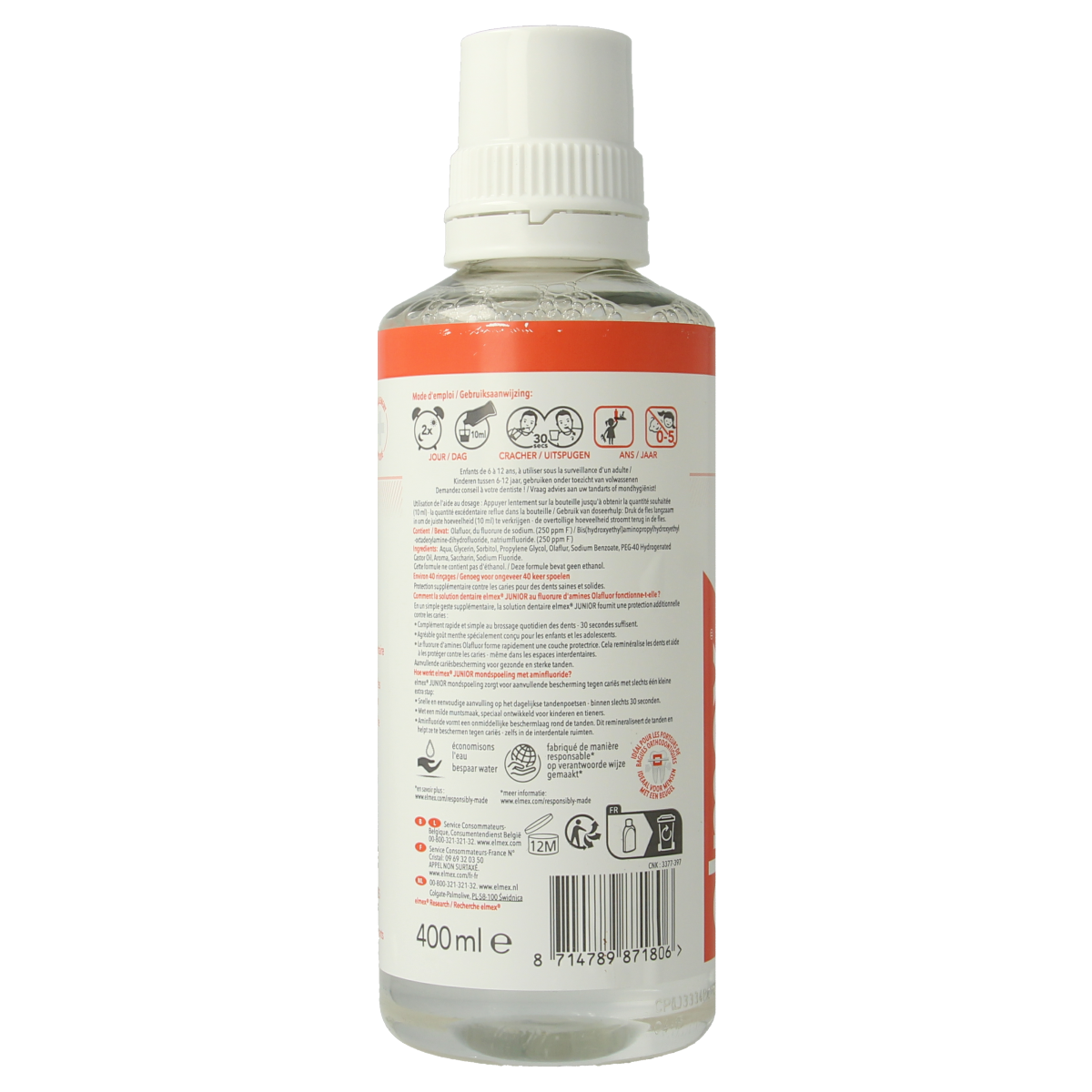 Elmex Junior mouth rinse bottle, 400ml, fluoride mouthwash for children, with Elmex branding and colorful packaging.