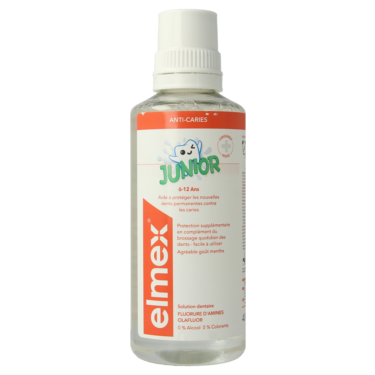 Elmex Junior mouthwash bottle, 400ml, in blue packaging, designed for children's oral hygiene, with Elmex branding.
