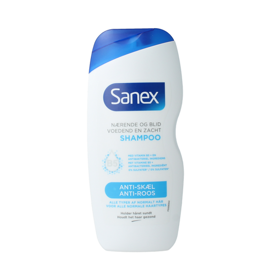 Sanex anti-dandruff shampoo bottle, 250ml, for hair care, with label showing product and brand details.