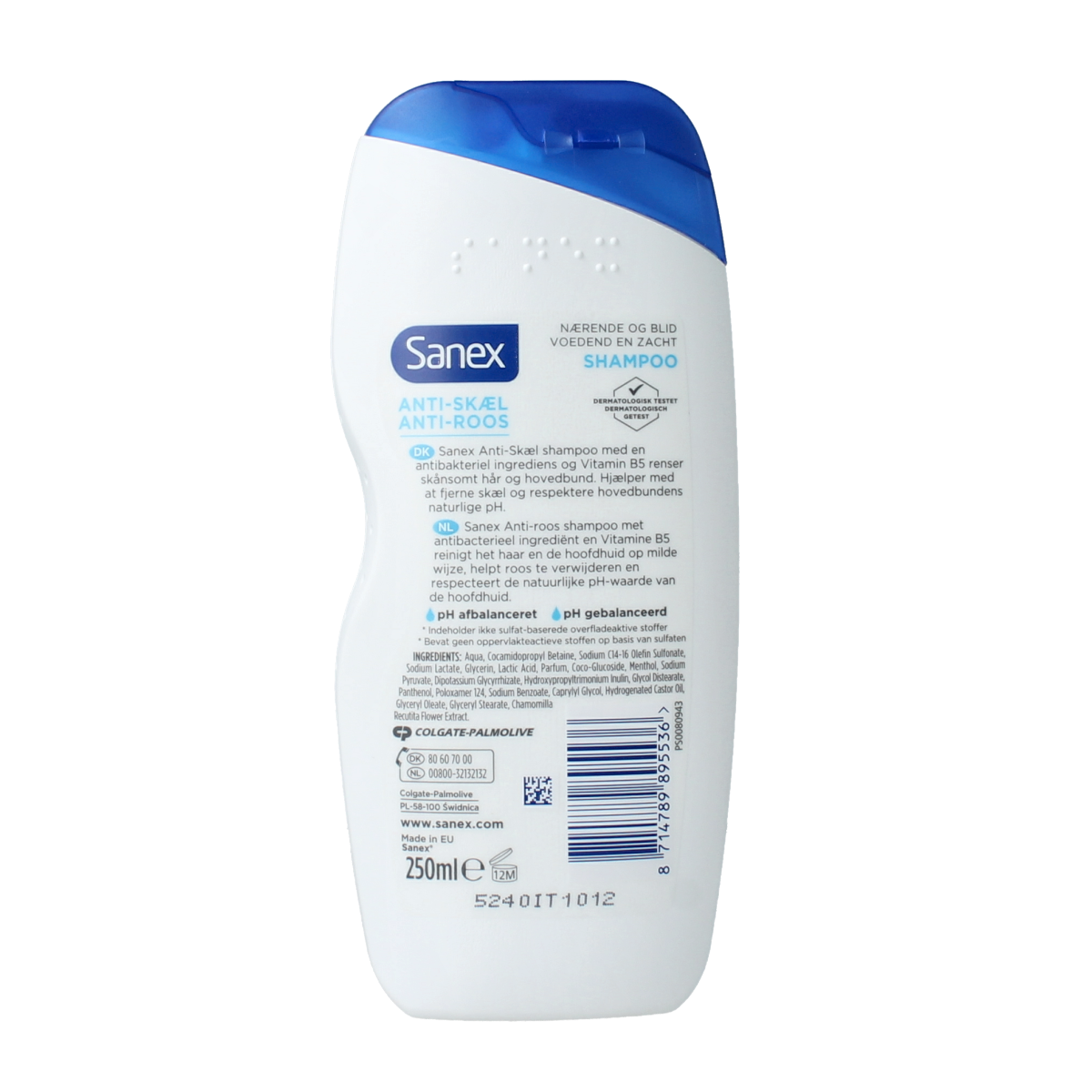 Sanex anti-dandruff shampoo in a 250ml bottle, hair care product with a white and blue label, designed for scalp health.