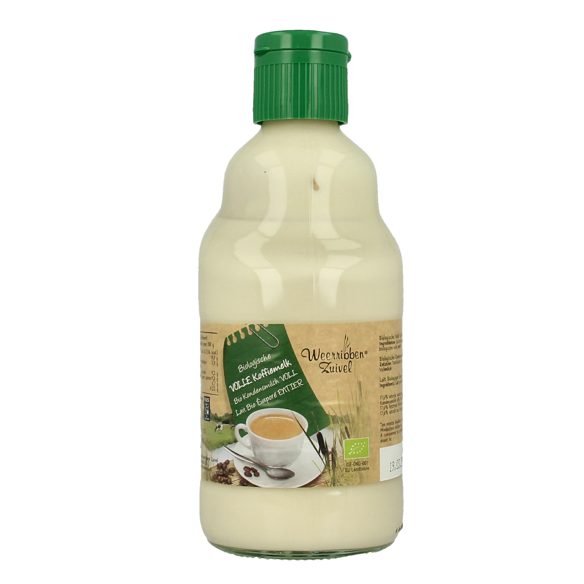 Weerribben organic coffee creamer in a 372ml bottle, ideal for coffee and tea, with a clean label and white liquid inside.