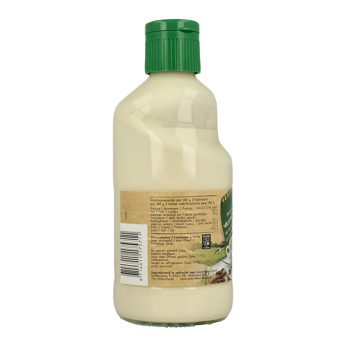 Weerribben vol bio koffie- en theemelk, 372ml, creamy plant-based coffee and tea milk in a clear bottle