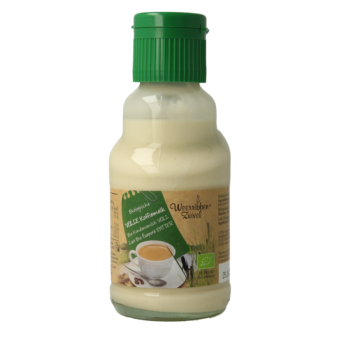 Weerribben bio koffiemelk in 160ml bottle, creamy dairy for coffee and tea, natural and organic product.
