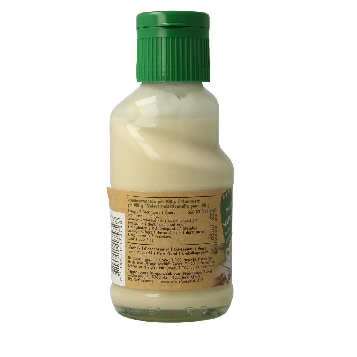 Glass of Weerribben bio coffee creamer in a 160ml container, ideal for coffee and tea, with the product label visible.