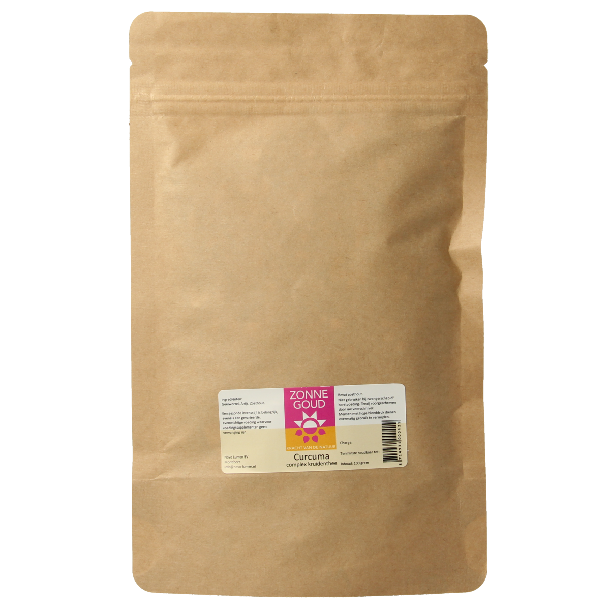 Zonnegoud Curcuma complex tea in a 100g package, featuring turmeric and herbal blend, in a tea bag or loose form.
