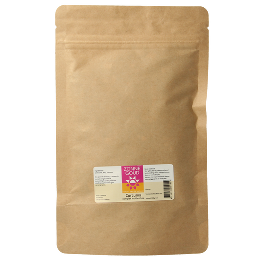 Zonnegoud Curcuma complex tea in a 100g package, featuring turmeric and herbal blend, in a tea bag or loose form.