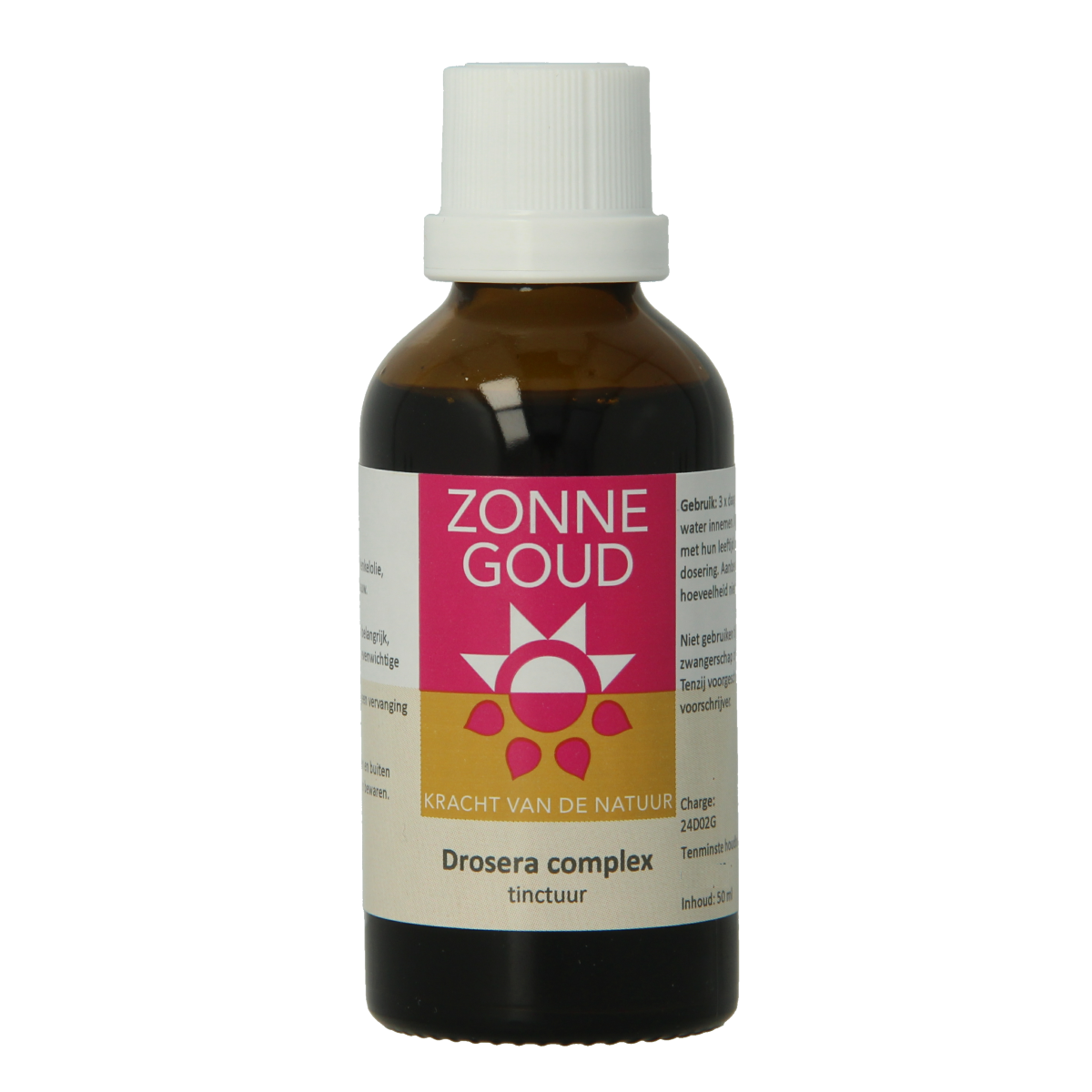 Zonnegoud Drosera complex herbal supplement in 50ml bottle, featuring herbal ingredients for natural health support.