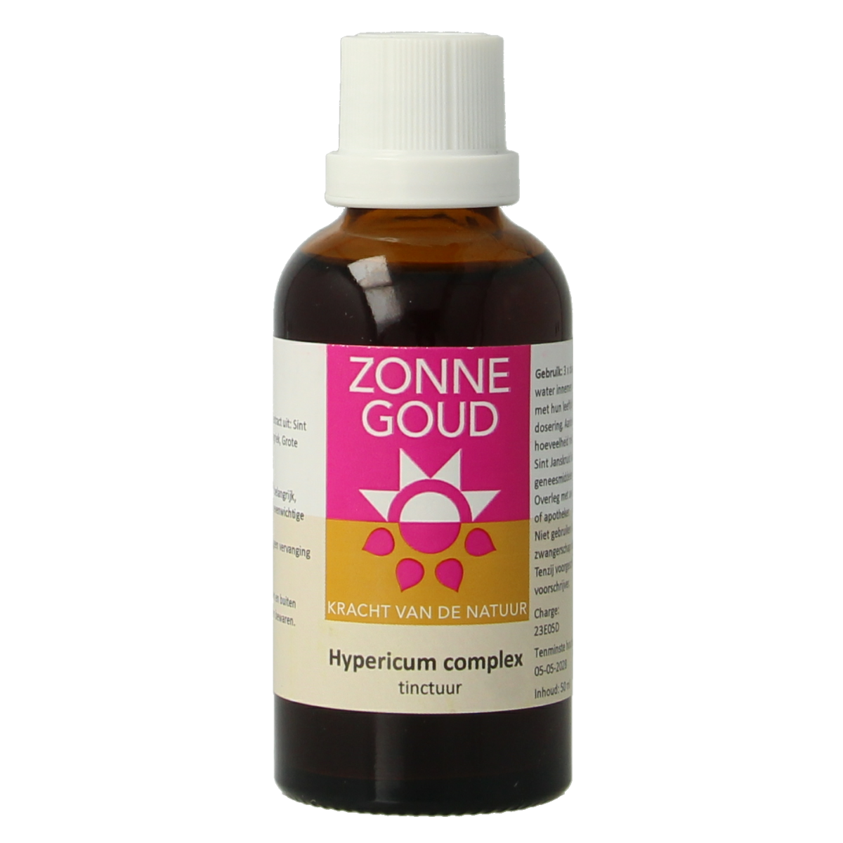 Zonnegoud Hypericum complex herbal supplement bottle, 50ml, in a natural setting with herbal ingredients and label visible.