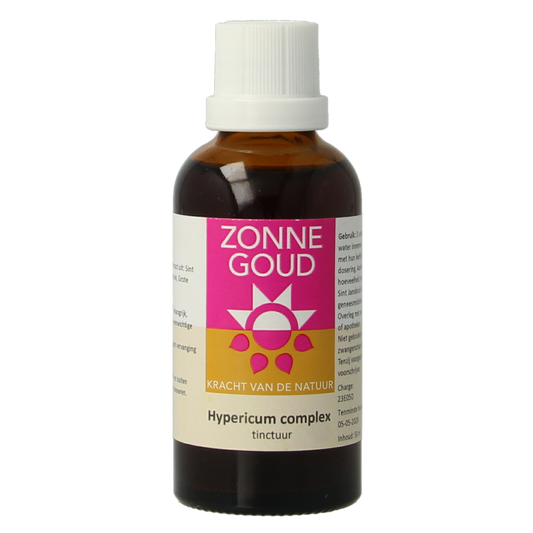 Zonnegoud Hypericum complex herbal supplement bottle, 50ml, in a natural setting with herbal ingredients and label visible.