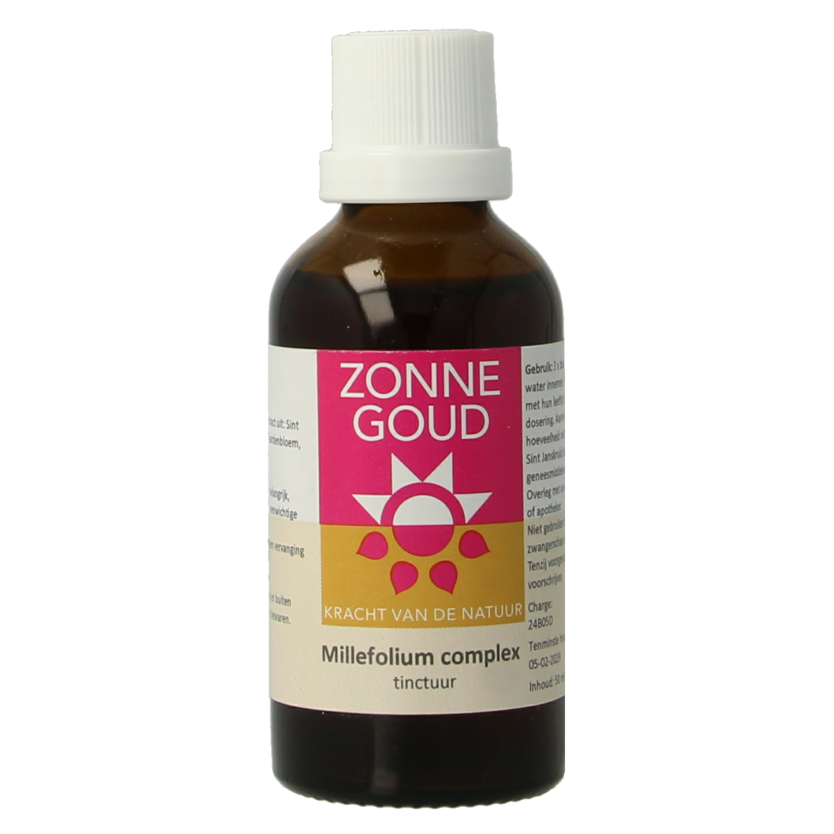 Zonnegoud Millefolium complex herbal supplement bottle, 50ml, in a natural setting with leaves and herbs.