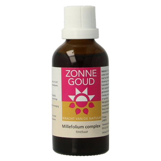 Zonnegoud Millefolium complex herbal supplement bottle, 50ml, in a natural setting with leaves and herbs.