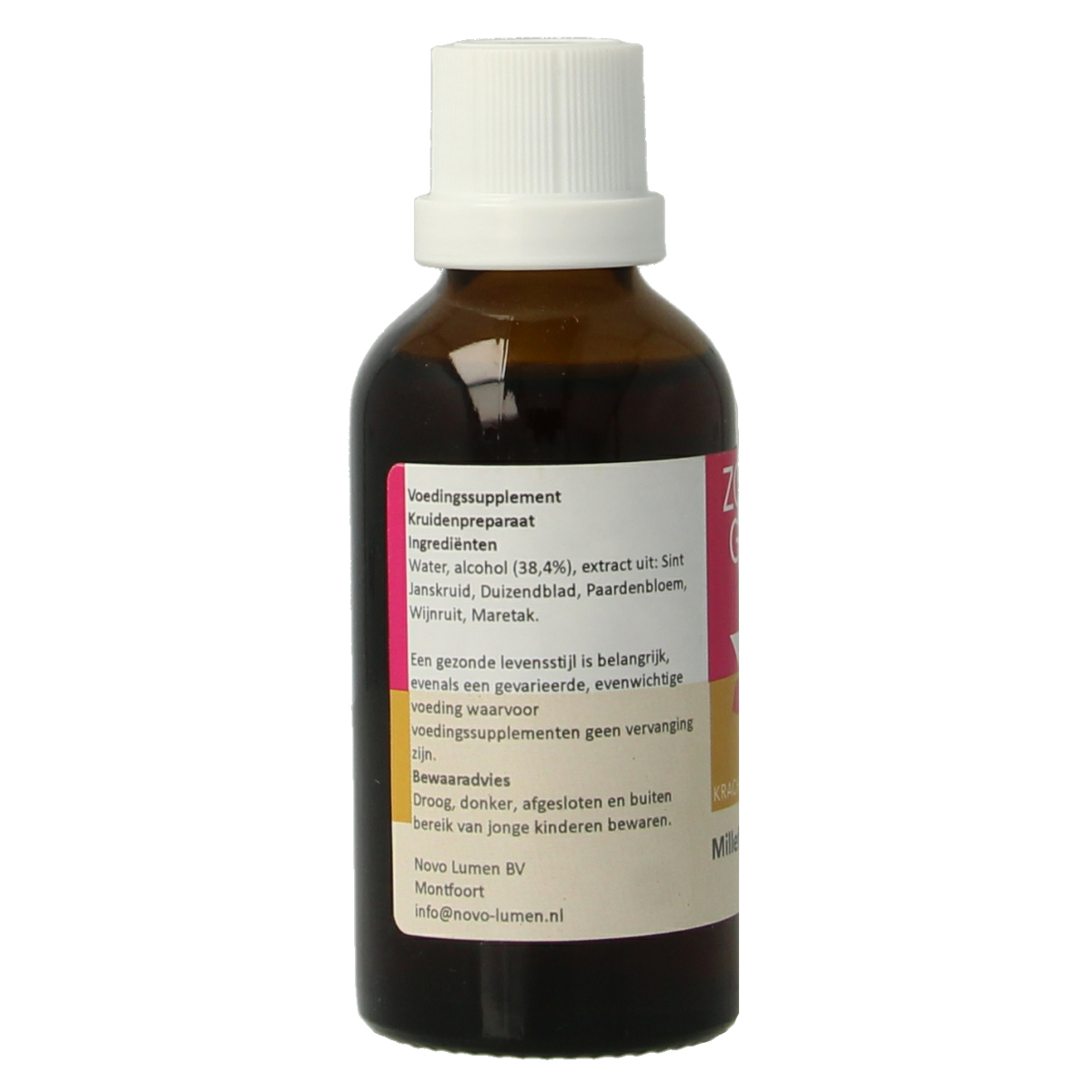 Zonnegoud Millefolium complex herbal supplement bottle, 50ml, in a natural setting with herbal ingredients on the label.