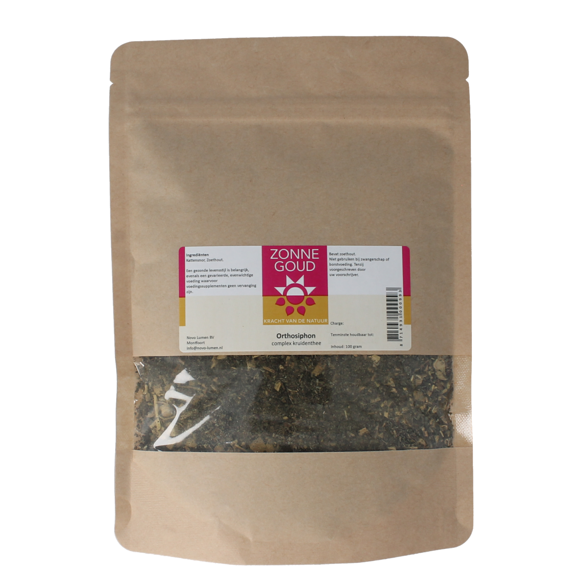 Zonnegoud Orthosiphon complex herbal tea in a 100g package, featuring a blend of herbs for wellness and relaxation.