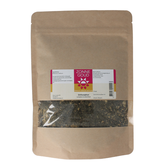 Zonnegoud Orthosiphon complex herbal tea in a 100g package, featuring a blend of herbs for wellness and relaxation.