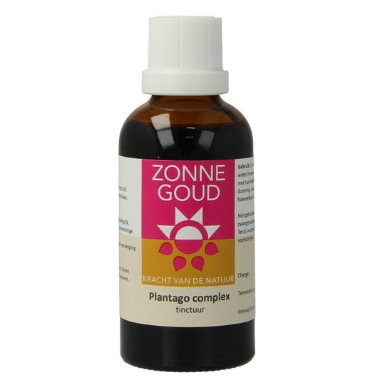 Zonnegoud Plantago complex herbal supplement bottle, 50ml, in packaging with product label showing herbal preparation details