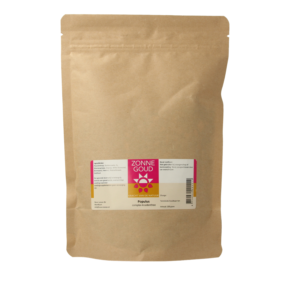 Zonnegoud Populus complex tea in 100g package, a herbal tea blend from the Zonnegoud brand with fresh, natural ingredients.