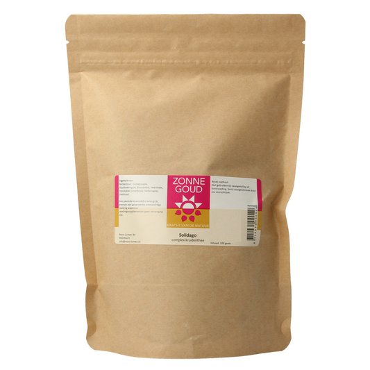 Zonnegoud Solidago complex herbal tea in a 100g package, featuring a blend of golden herbs for soothing wellness.