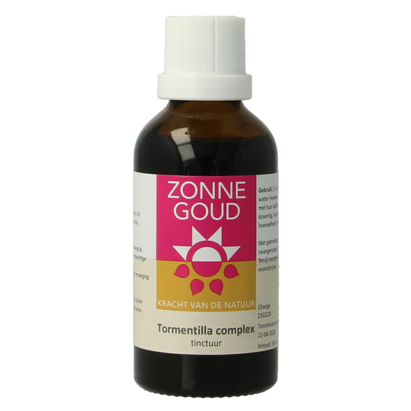 Zonnegoud Tormentilla complex herbal preparation in a 50ml bottle, featuring natural herbal ingredients for health support.
