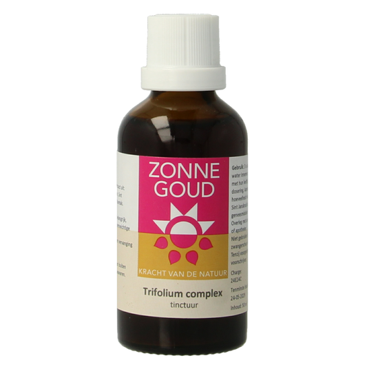 Zonnegoud Trifolium complex herbal supplement in a 50ml bottle, part of Zonnegoud's kruidenpreparaten collection.
