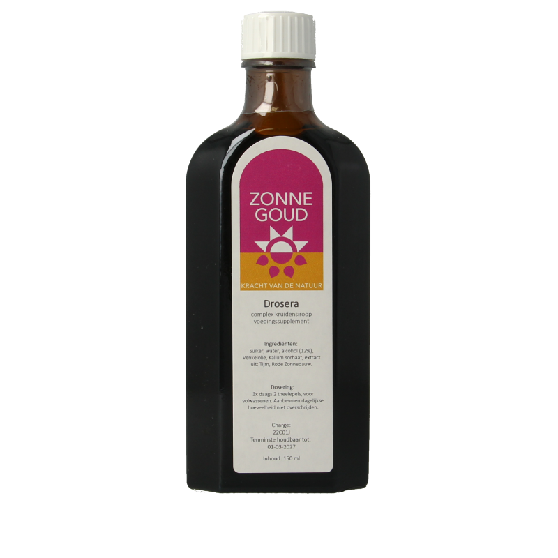 Zonnegoud Drosera herbal syrup in 150ml bottle, featuring the product label and packaging for herbal preparations.