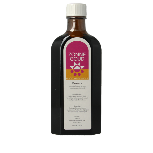 Zonnegoud Drosera herbal syrup in 150ml bottle, featuring the product label and packaging for herbal preparations.