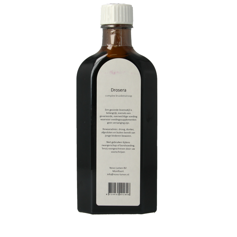 Zonnegoud Drosera siroop in 150ml bottle, herbal supplement from Zonnegoud, with a close-up of the bottle and label.