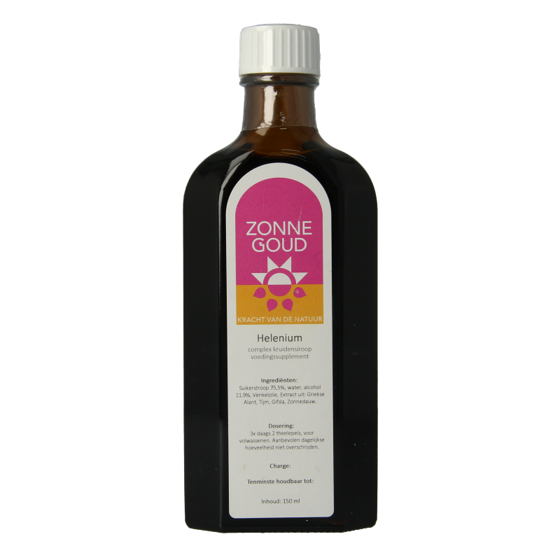 Zonnegoud Helenium complex siroop in 150ml bottle, herbal remedy from Zonnegoud brand with a colorful label.