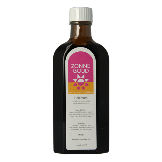 Zonnegoud Helenium complex siroop in 150ml bottle, herbal remedy from Zonnegoud brand with a colorful label.