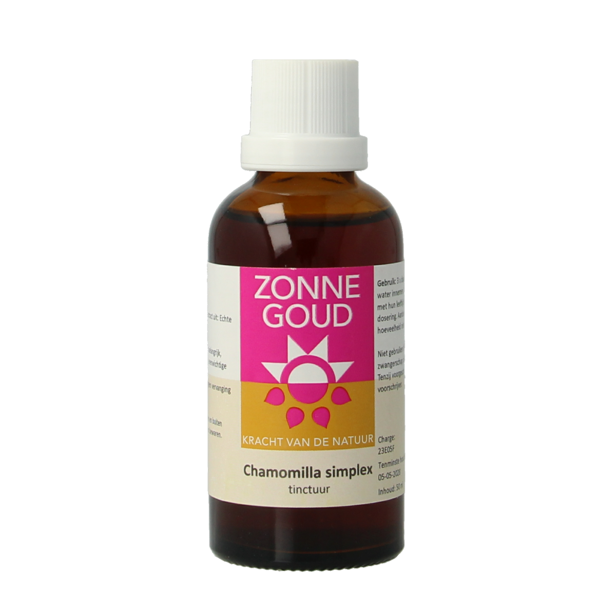 Zonnegoud Chamomilla simplex herbal remedy in a 50ml bottle, part of Kruidenpreparaten, with chamomile flowers on the label.