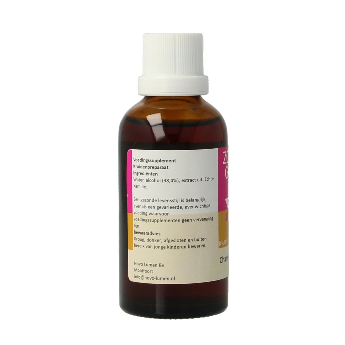Zonnegoud Chamomilla simplex herbal remedy in a 50ml bottle, used for herbal preparations, with chamomile flowers visible.