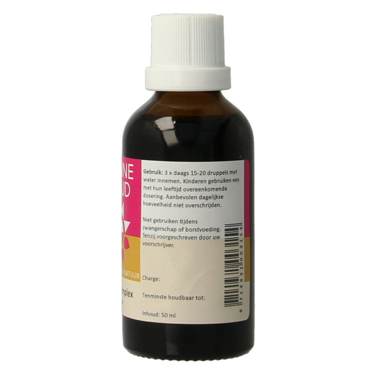 Zonnegoud Drosera simplex herbal remedy bottle, 50ml, in a clear container with a white label, used for herbal preparations.